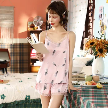 

2020 sexy suspender nightdress girl summer silk simulation girl sweet open back ice silk pijamas women tz54