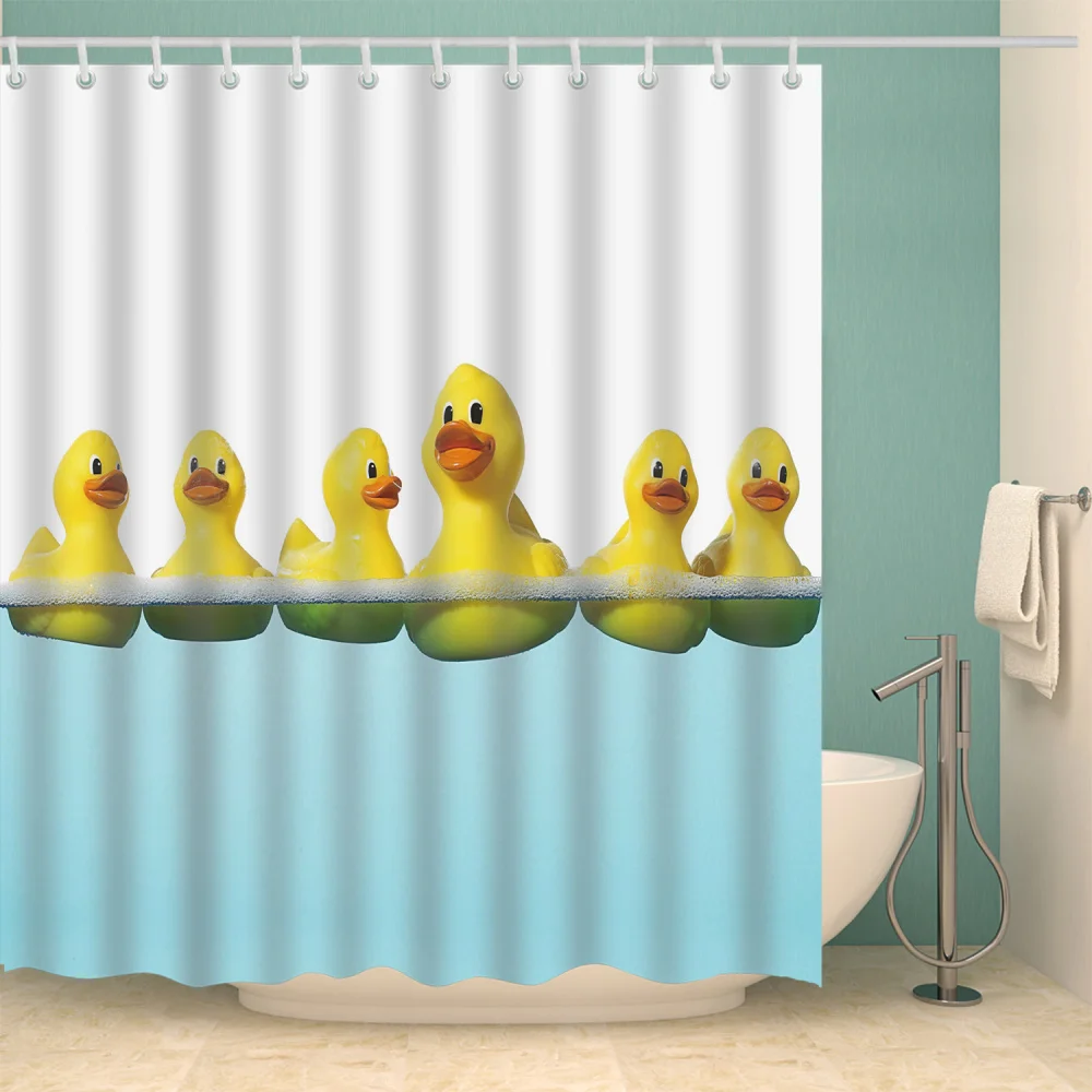Bath Yellow Rubber Duck Submarine Cartoon Decor Waterproof Shower Curtain 12 Hook Home Garden