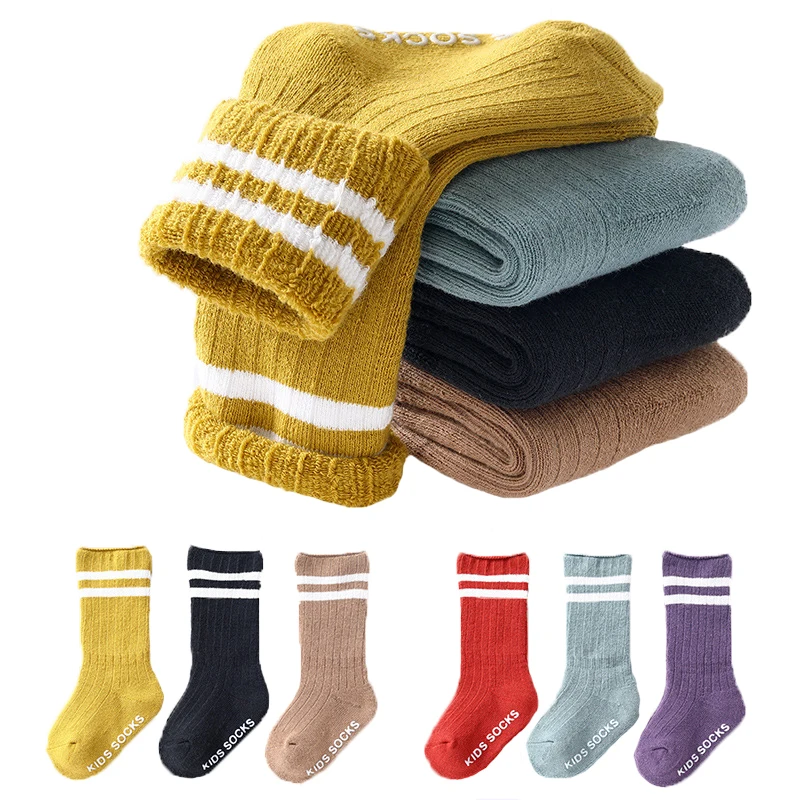 Hylidge/носки Bebe, полосатые свободные носки для новорожденных, плотные махровые носки, силиконовые Нескользящие носки-тапочки, детские длинные носки, 3 пары