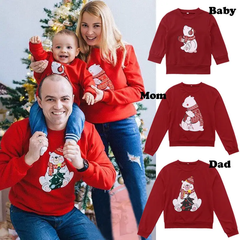 

CYSINCOS Christmas Sweatshirt Family Matching Women Men Kids Hoodies Sweater Xmas Santa Red Long Sleeve Autumn Winter Top