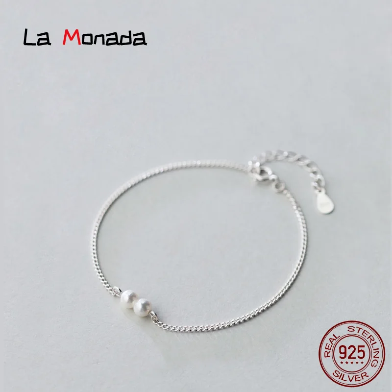 16cm-19cm Silver Bracelet For Women Two Round Synthetic Pearl 925 Jewelry Fashion Chain Bracelets Female Girls Korean | Украшения и