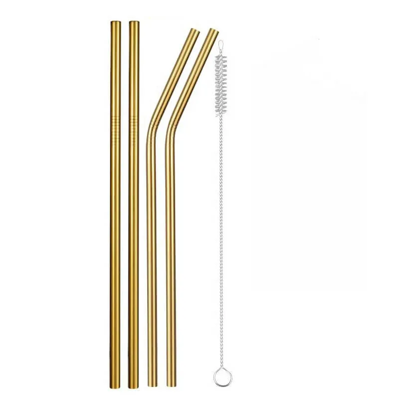 Gold 4pc-2 Металлические соломинки из нержавеющей стали питьевой прямой/Изогнутые многоразовые соломенные соломинки, с чистящей щеткой для кружек 20/30 oz, серебристый/черный - Цвет: Gold 4pc-2