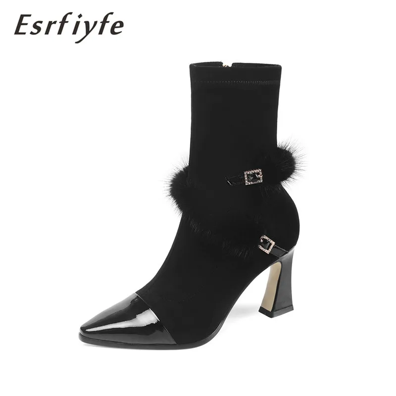 

ESRFIYFE 2020 New Fashion Autumn Ladies Boots Genuine Leather Suede Black Pointed Toe Ankle Boots for Women Sexy Dress Shoes