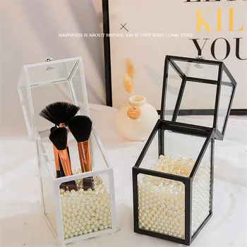 

Morden Makeup Brush Organizer Glass Organisateur Maquillage Home Decoration Jewelry Earring Organizer Cotton Swab Case
