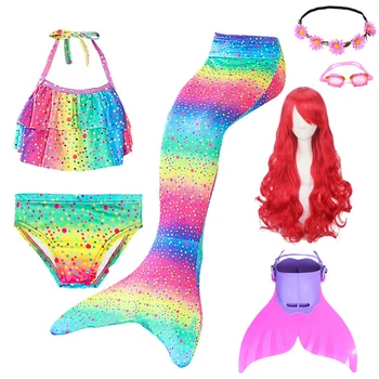 

2020 Children Swimming Mermaid Tails With Monofin Flipper Fin Swimsuit Girls Swimmable Mermaid Tail Costome Cosplay Wigs Garland