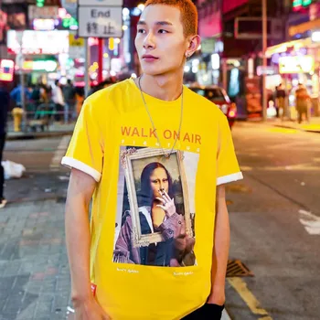 

2019 Homens Hip Hop T Shirt Engraçado Fumar Mona Lisa T-Shirt Streetwear Tshirts Verão Algodão de Manga Curta Tops Tees Rua