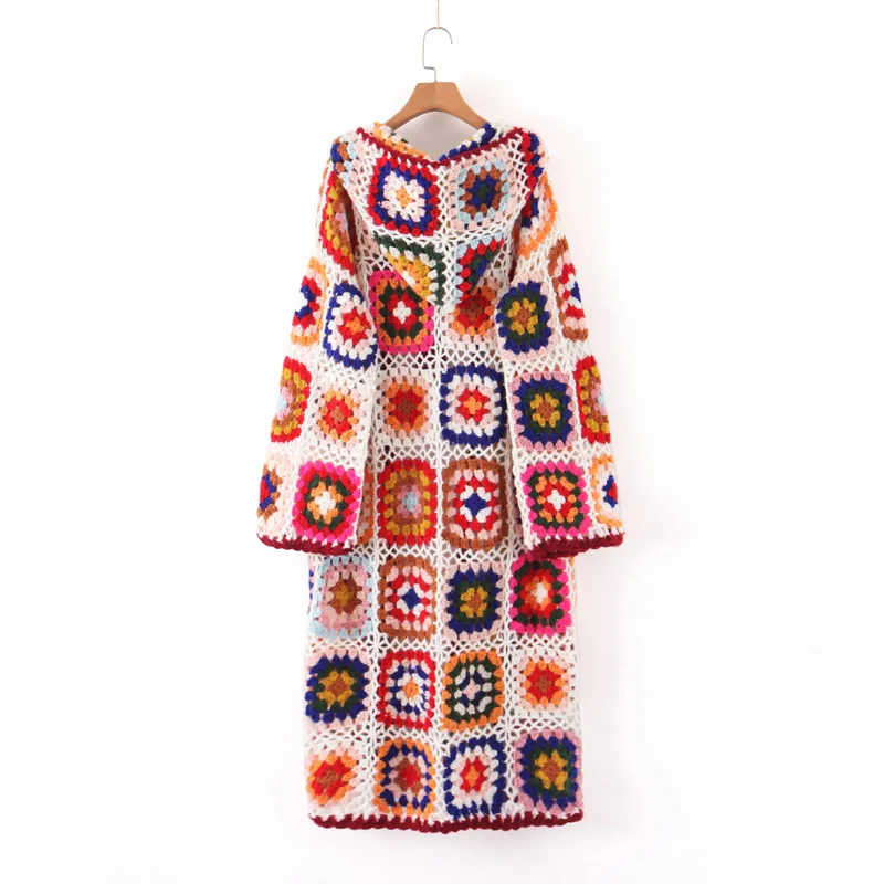 Мода Za зимнее вязаное женское винтажное Свободное длинное жаккардовое Женское пальто с длинным рукавом в индийском народном стиле