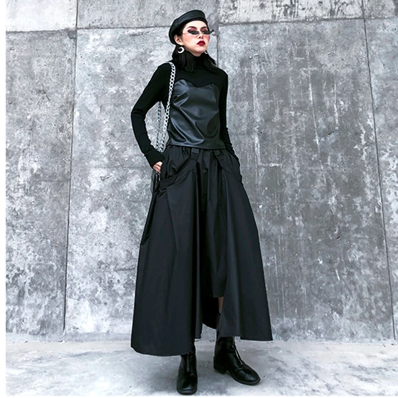 [EAM] High Elastic Waist Black  Buckle Split Joint IrregularHalf-body Skirt Women Fashion Tide New Spring Autumn 2020 1DA108