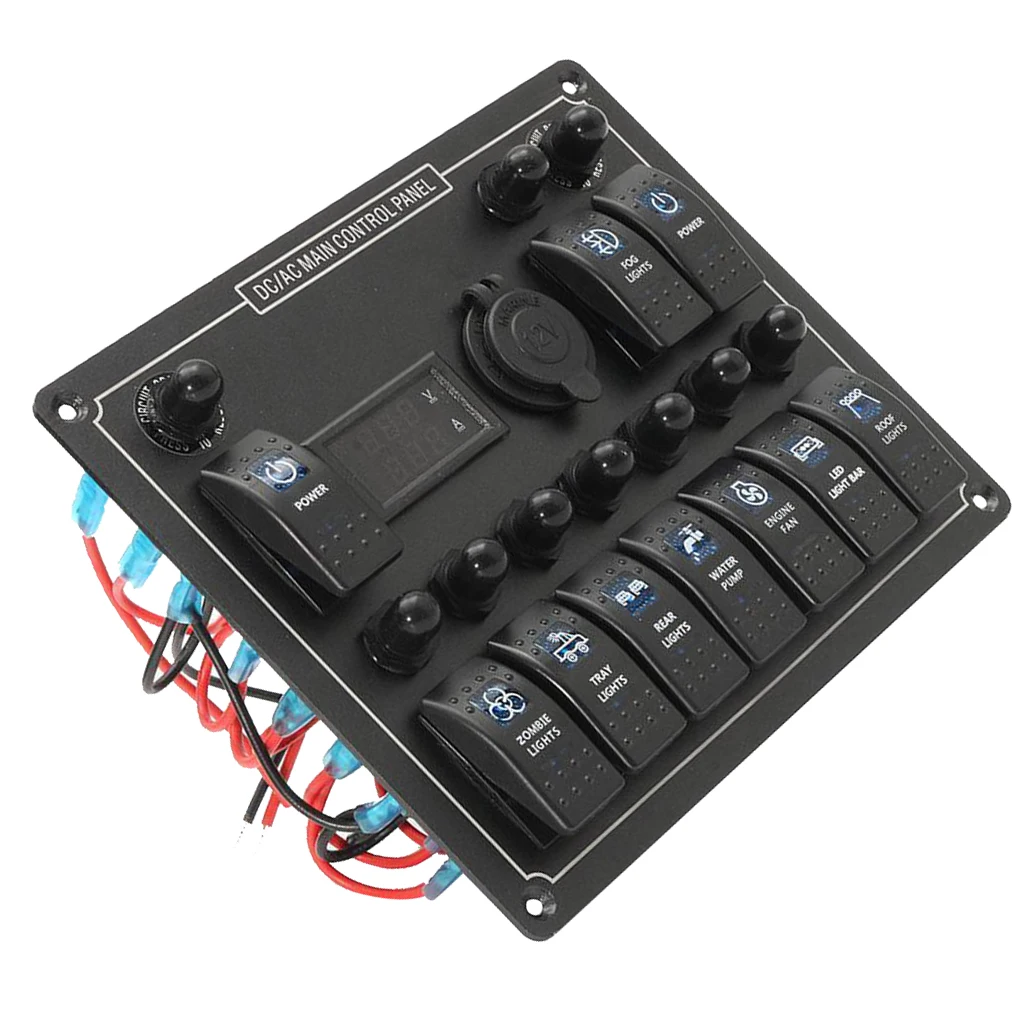 10 Gang Boat Marine Rocker Switch Panel Digital Current Voltage Meter