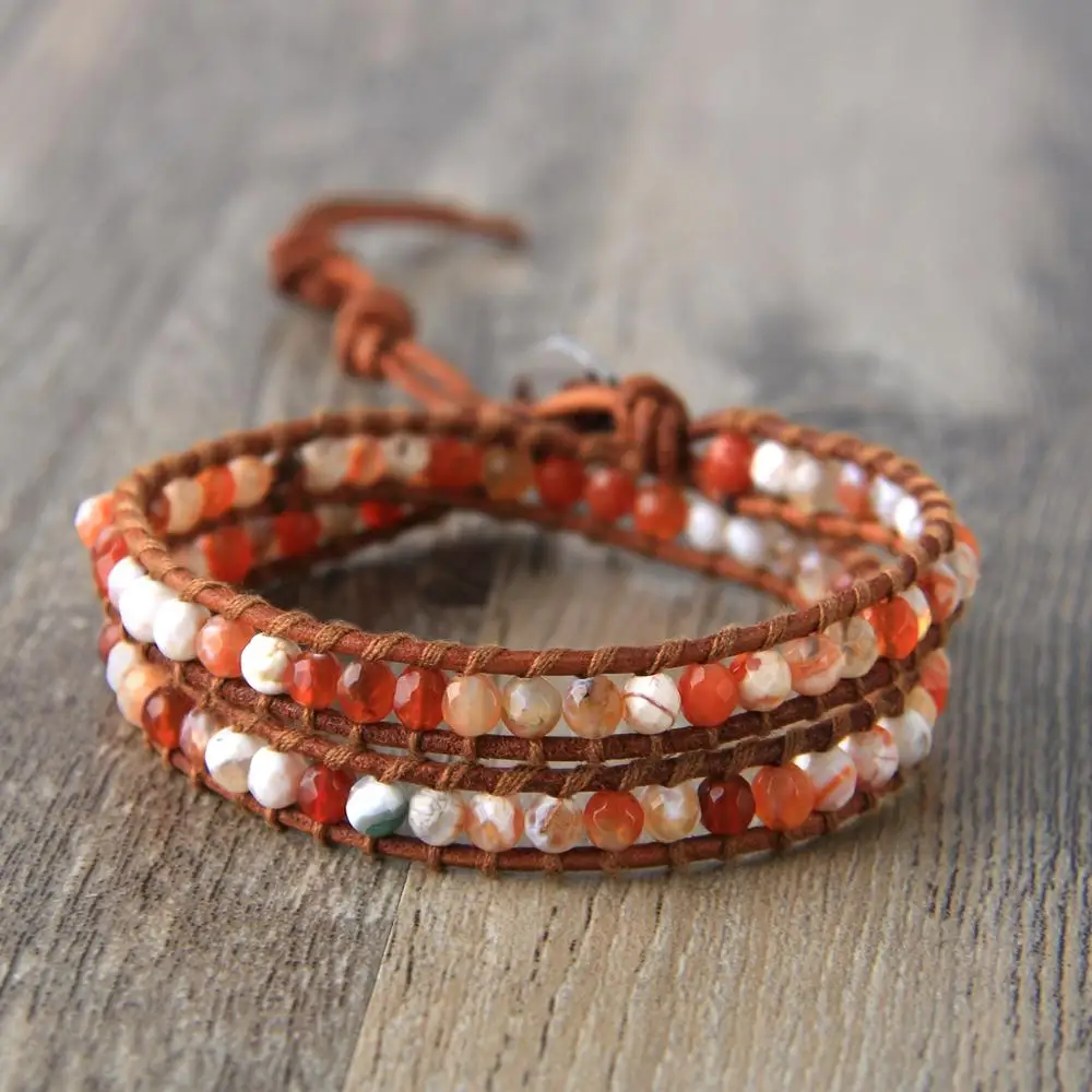 KELITCH Brown Leather Purple Seed Beaded Single Wrap Bracelet with Crystal Bead
