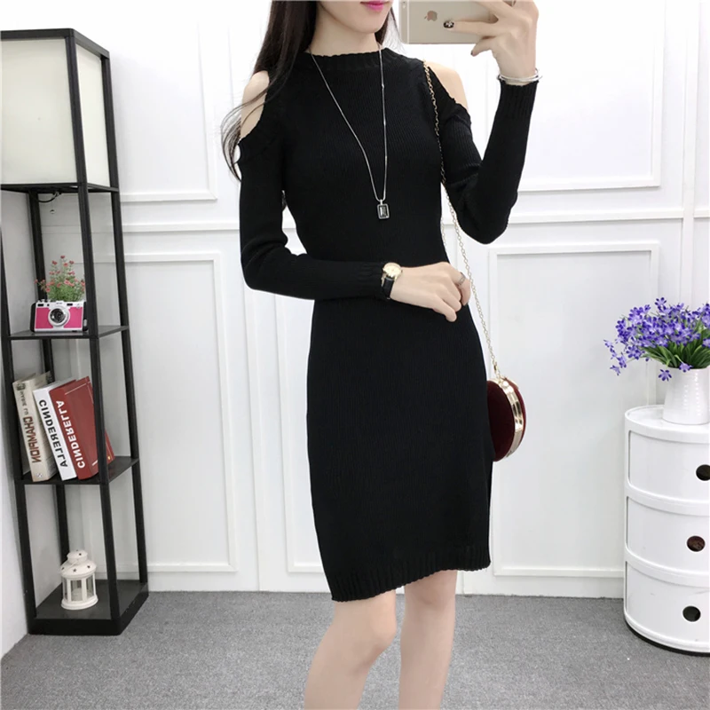 

Cold Shoulder 2019 Knitted Long Sleeve Mini Dress Women Cut Out New Skinny Sweater Vestidos O Neck Bodycon Sexy Robe