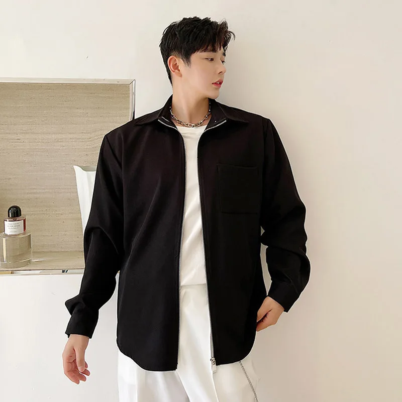 Men Korean Chic Fashion Casual Zipper Shirt Jacket Cardigan Man Streetwear Trend Vintage Shirts Coat Tops Male