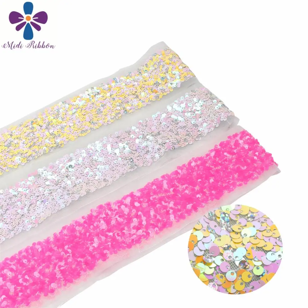 

3"75mm Scatter Sequin Tape (Back Side with Tulle, 9.5cm Width Added 1cm Edge) 25.5yards/Pack (3*8.5y/roll) DIY Hairbow Neon Pink