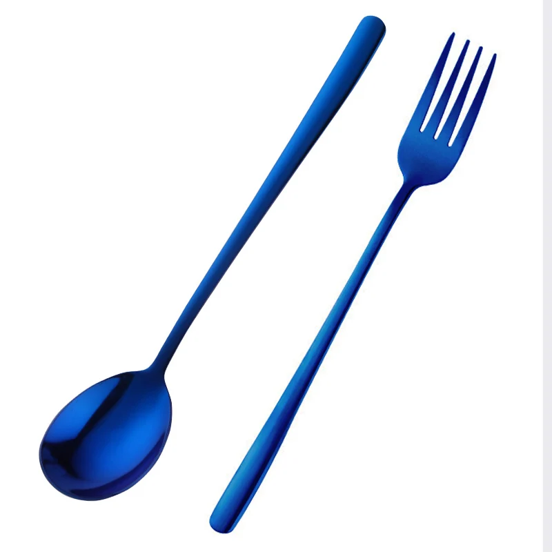 Blue-1set 2 шт. набор ложка и вилка из нержавеющей стали столовые приборы красочный десертный ужин посуда длинная ручка салат вилки суповые ложки домашняя столовая посуда - Color: Blue-1set