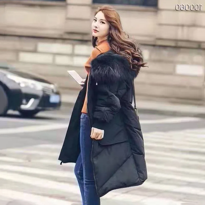 new winter long section of loose casual solid color hooded fur collar warm down jacket 928 - Цвет: black