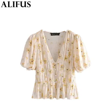 

Fashion Za Women's Shirt 2020 Print Chic V-Collar Short Sleeve Casual Slim Shirts Female Ladies