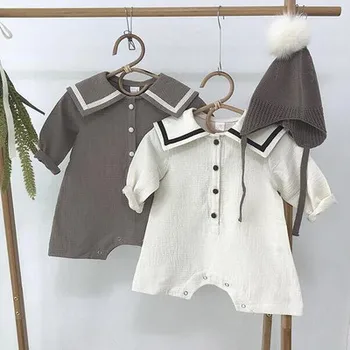 

ins Infant Toddler Cotton Linen Sailor Collar Rompers Simple Baby Girl Japan and South Korea Rompers
