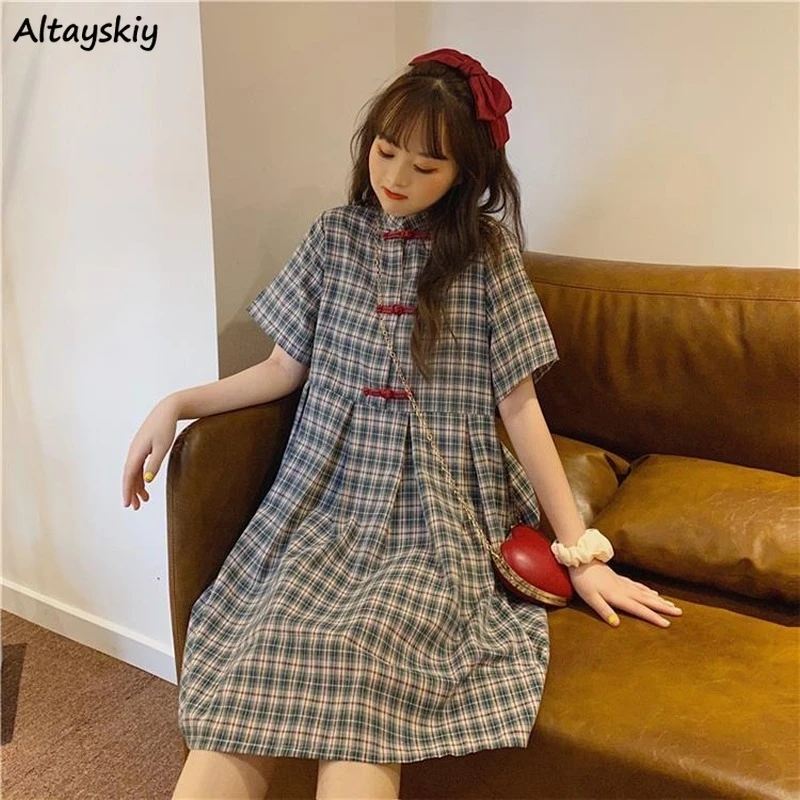 Plaid Dresses Women Chinese Style Button Draped Retro Leisure Popular Trendy Cute Girls Sweet College Students Vestido Feminino green dress