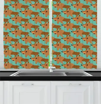 

Turquoise Pale Cinnamon Bison Kitchen Curtains Ethnic Theme Designed Wild Buffalos Sketch Continuous Pattern Window Drapes