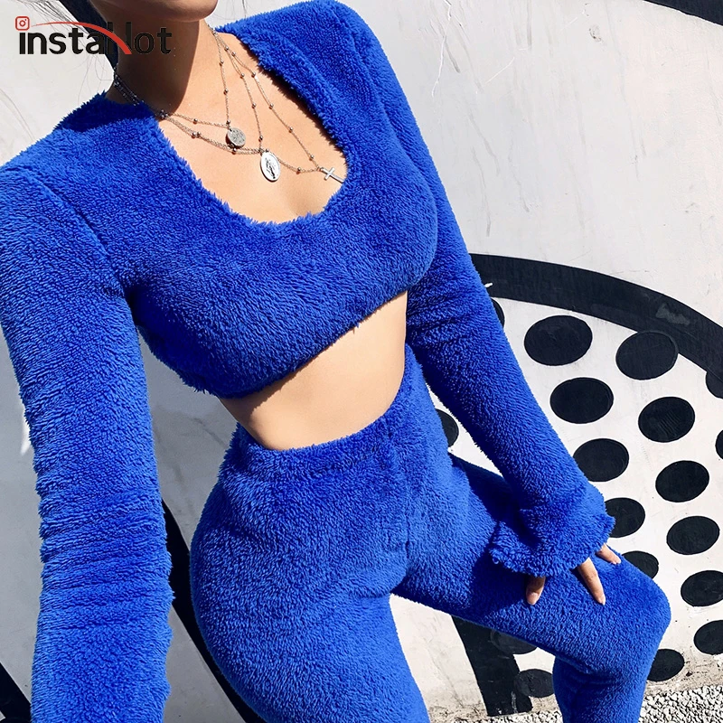 

InstaHot Fuzzy Warmness Legging Women Slim Stretchy Winter Autumn Skinny Double Fleece Pencil Pants Casual Trousers Blue White