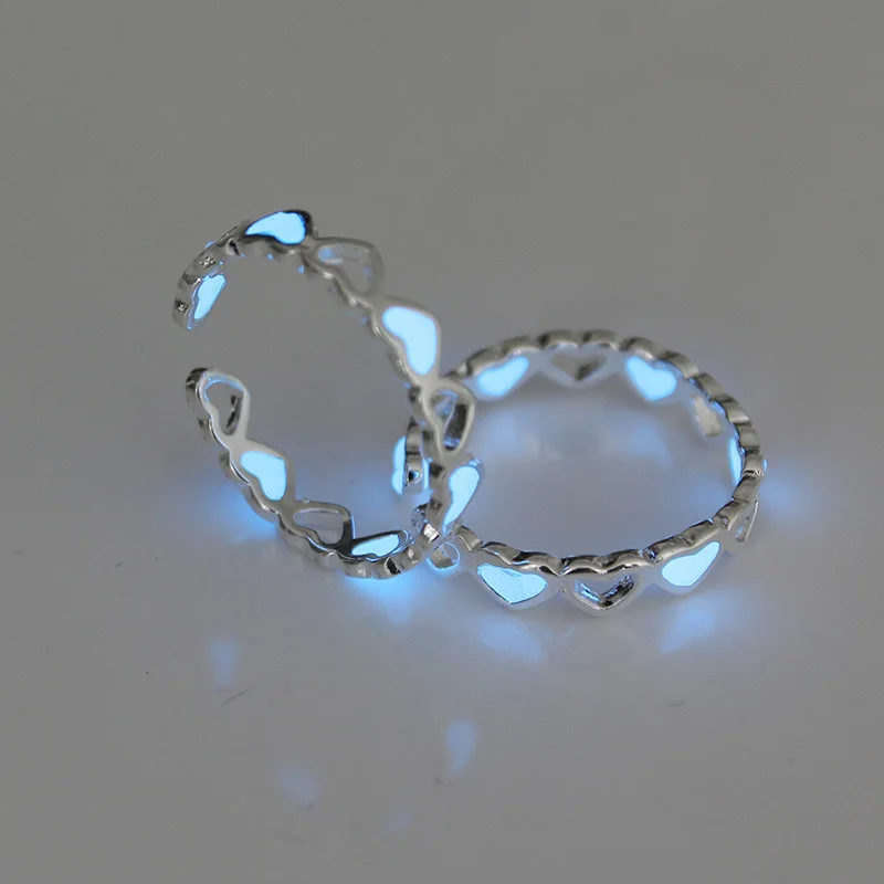 New Hollow Luminous Couple Heart Ring Adjustable Glow In Dark Silver