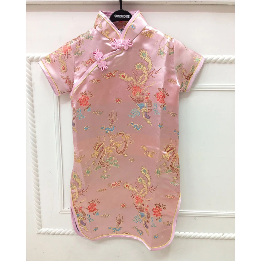 Chinese Traditional Costumes Princess Girls Dress Cheongsams Hanfu Tight Dragon&Phoenix Floral Kids Girls Kimono Satin Dress