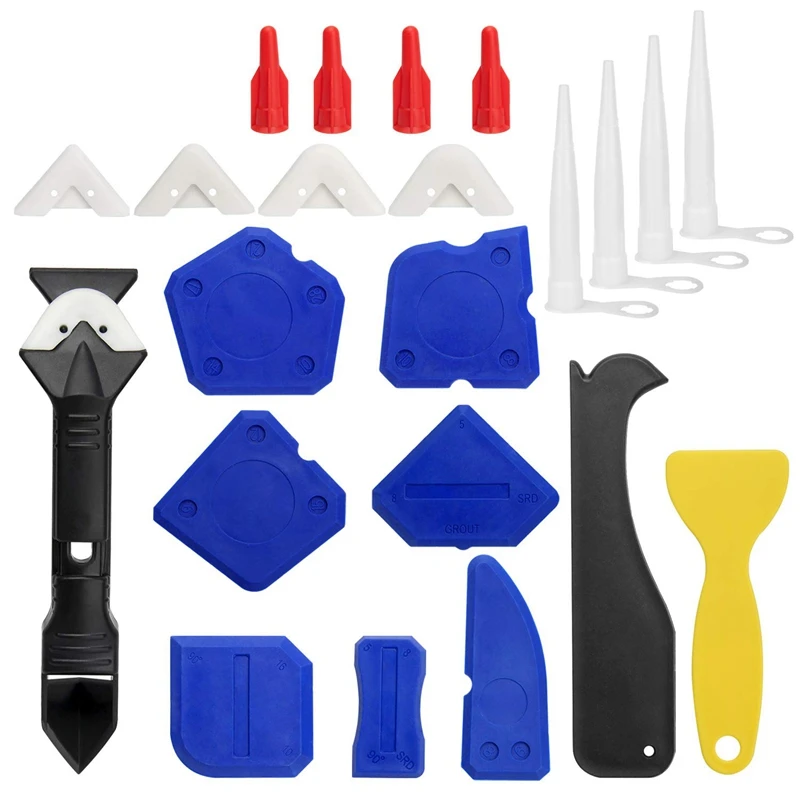 

23 Pieces Caulking Tool Kit, 3 in 1 Caulking Tools Silicone Sealant Finishing Tool Grout Scraper Caulk Remover and Caulk Nozzle