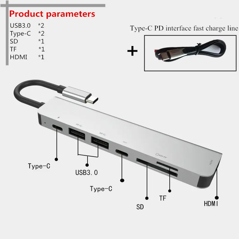 USB C концентратор type C к Мульти USB 3,0 концентратор HDMI адаптер док-станция SD TF карта reade type C концентратор Suitab многопортовый разъем для телефонов P20 30 - Цвет: Grey PD line black