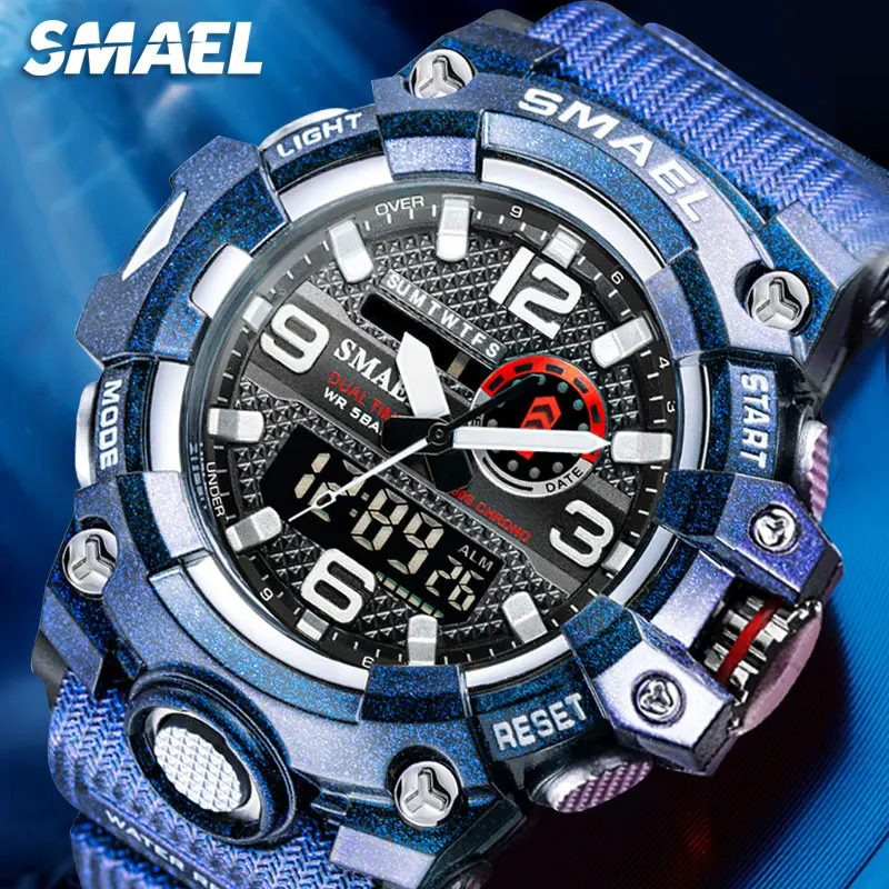 

Часы SMAEL мужские Цифровые, спортивные, водонепроницаемые до 50 м, кварцевые, со светодиодной индикацией даты и двойным временем