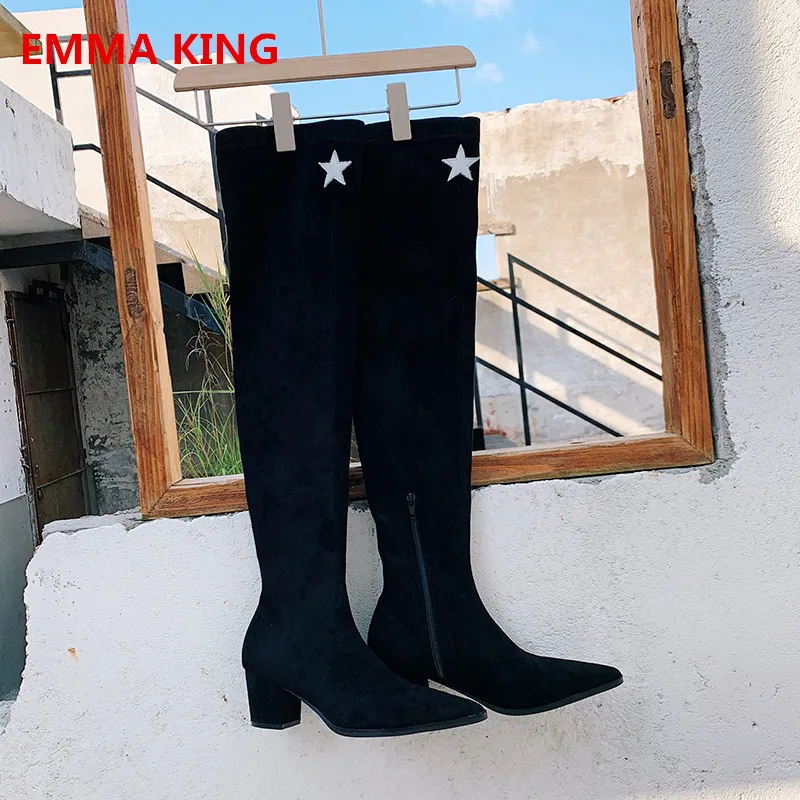 

Black Suede Stretch Over Knee Boots For Women 2019 New Design Femme Pointed Toe Side Zipper Chunky Heels Sexy Thigh High Boots