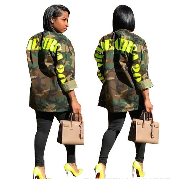 Women's Green Camouflage Long Jackets Plus Size Long Sleeve Camo Streetwear Coat femme
