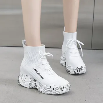 

Autumn 2020 Thick-soled Inner Heightening Socks Boots Women's High-top Lace-up Letter Short Boots Knitted Breathable Boots Women