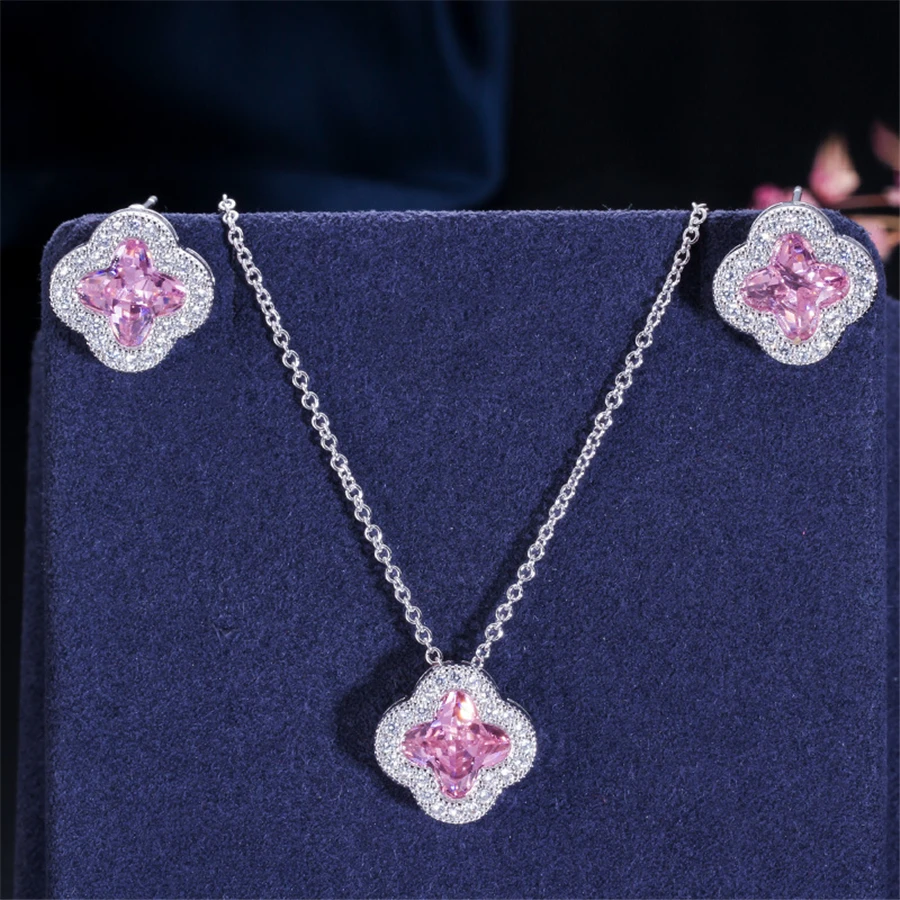 Molinuo высокого класса микро циркон кулон четыре клевера ожерелье lucky grass ухо ногтей костюм персонализированные ожерелье - Окраска металла: MS027-pink