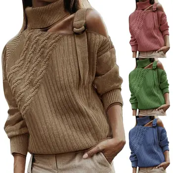 

Stylish Women Turtle Neck One Shoulder Diagonal Twist Ribbed Knitted Sweater Color Block Long Sleeve Pullover Women's Sweaters