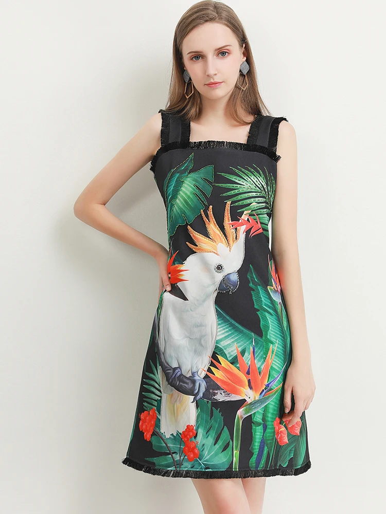MoaaYina, модное дизайнерское платье, весна-лето, женское платье, Зеленый лист, попугай, принт, бисероплетение, спагетти ремень, платья