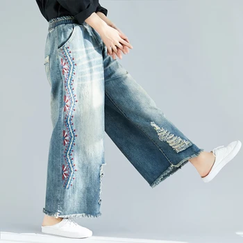 

Vintage Embroidered Cotton Jeans Women Loose Denim Wide Leg Pants Elastic High Waist Hole Oversize Streetwear Vestidos Femme