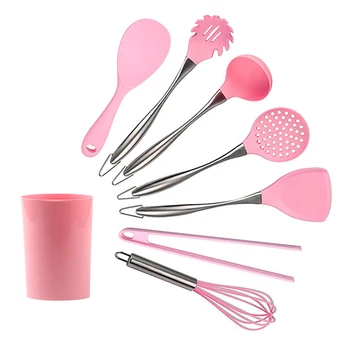 

7 Pcs Pink Silicone Cooking Utensils Set Stainless Steel Handle Kitchenware Dinnerware Tableware Heat Resistant Kitchen Tools
