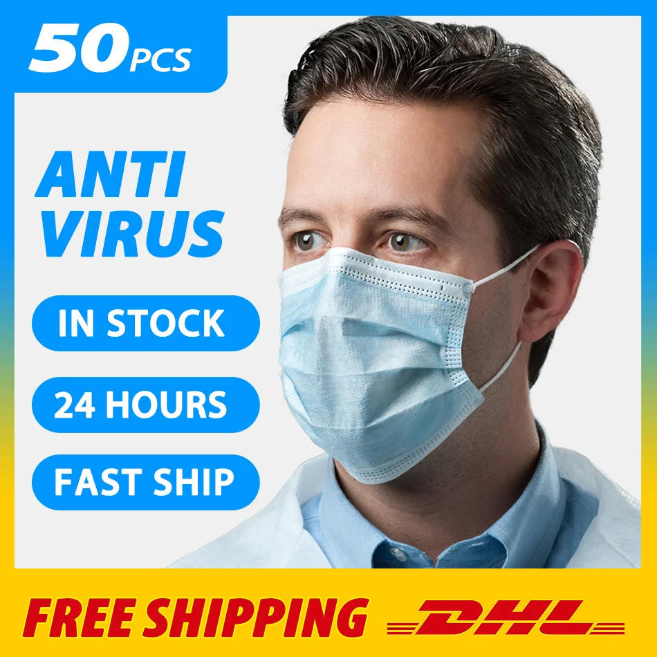 

Hot Sale 50pcs 3-layer mask Face Mouth medical Masks Non Woven Disposable Meltblown surgical cloth fast shipping