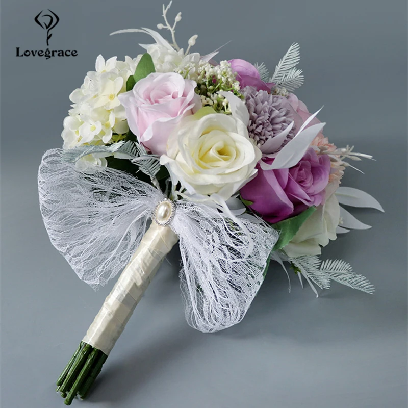 Lovegrace Свадебный букет цветок высокое качество искусственный цветок букет Шелковая Роза Гортензия Свадебные водопад букеты