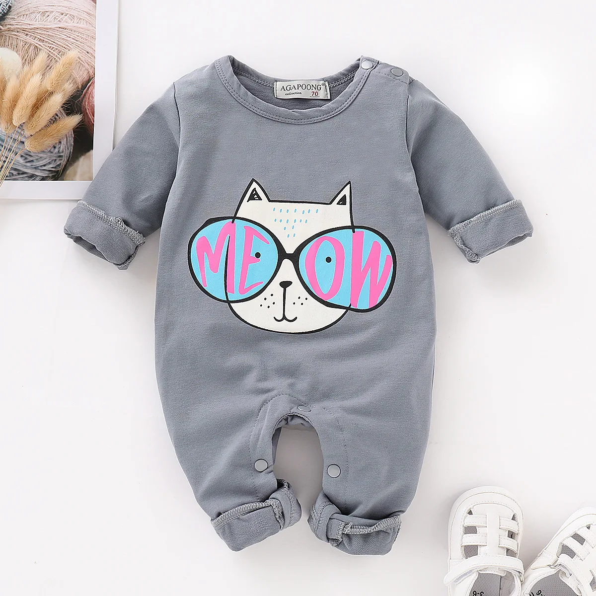 

For Baby Glasses Cat Long Sleeve One-piece Crawling Clothes