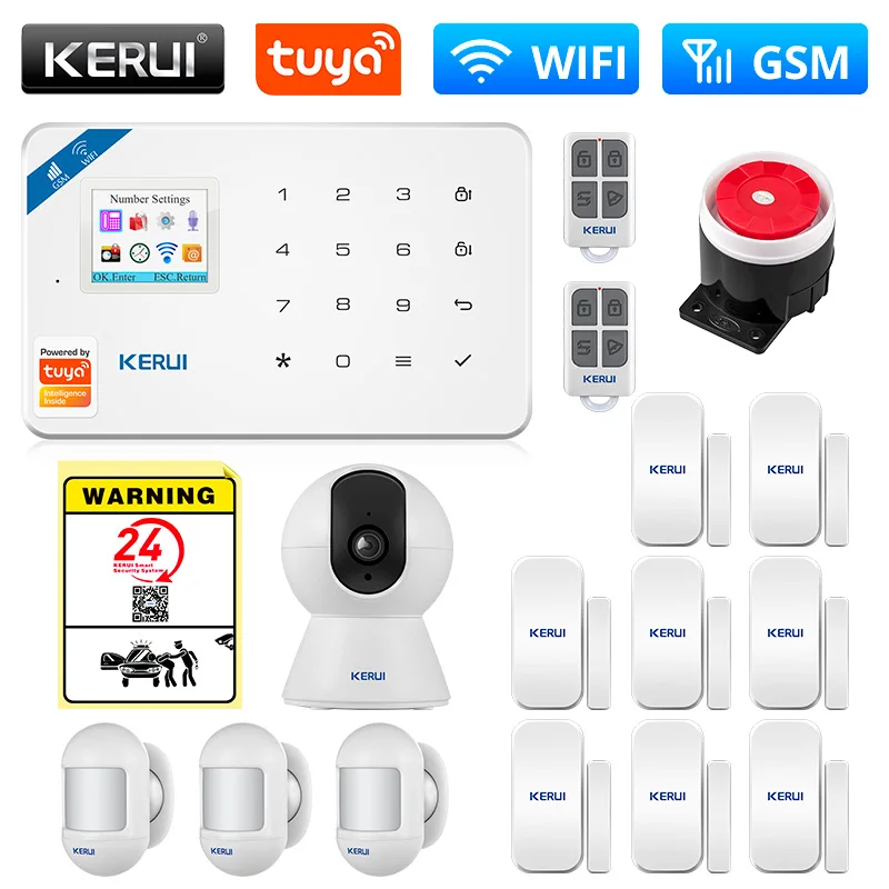 KERUI Tuya Smart WIFI GSM Security Alarm System Works With Alexa Home Burglar Motion Detector Smoke Door Window Sensor IP Camera elderly sos alarm Alarms & Sensors