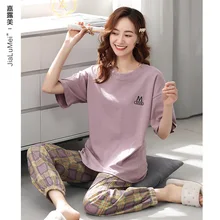 Cute and comfortable Plus size women's women's cotton pajamas Round neck short sleeves with trousers two-piece suit  home dress