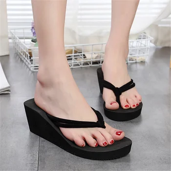 

Women Summer Solid Color Wild Beach Wedges Thick Bohemian Style Slippers Bottoms Bohemian Style High-Heel Flip Flops Shoe