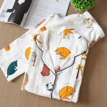 

100% Cotton Gauze Thin Maternity Wear Women Pajamas Set Loose Breastfeeding Clothing Cartoon Sleepwear Autumn Plus Size Pajamas