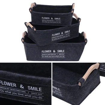 

3PCS Felt Storage Basket Household Creative Toy Storage Bin With Wooden Handle for Keys Stationery Coin