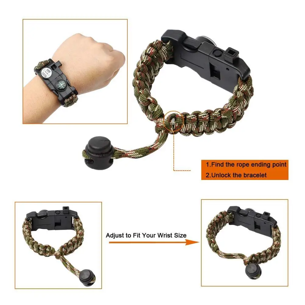 TrekEaze Survival Paracord Bracelet - Black Emergency Whistle Hiking  Compass Camping Fire Starter Kit Tactical Bracelet (Black) : Amazon.in:  Sports, Fitness & Outdoors