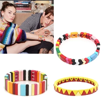 

Bohemian Elastic Stretch Colorful Tile Enamel Rectangle Bracelet Stackable Enamel Rainbow Charm Bangle Bracelet Jewelry