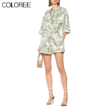 

Women's Summer Cotton Leaf Printed Jumpsuit 2020 Summer Vacation Short Sleeve Beach Rompers Bodycon