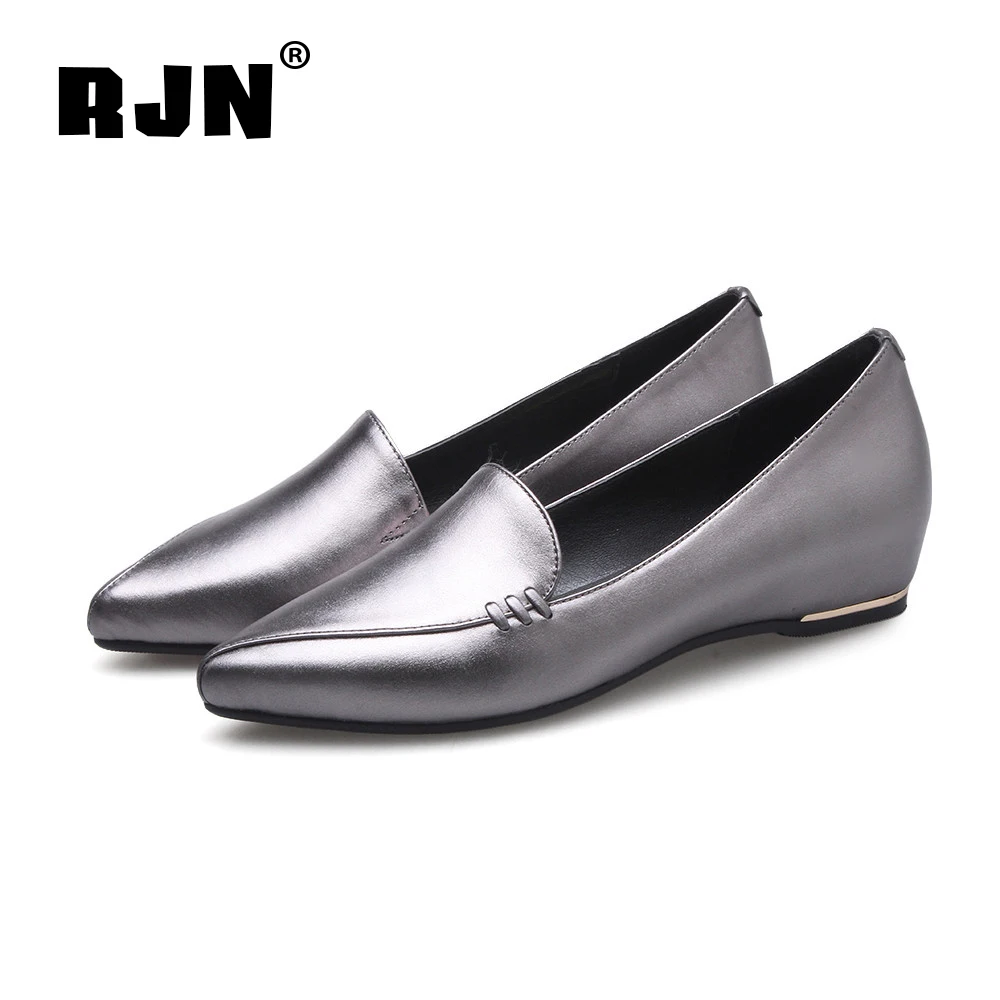 

RJN New Fashion Gun Color Flats Unique Patchwork Design Border Heel Sexy Pointed Toe Slip-On Shoes Cow Leather Women Flats RO47
