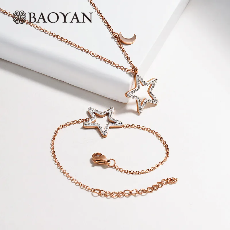 Rose Gold Baoyan, ювелирный набор, браслет, ожерелье, кубический цирконий, ювелирный набор, розовое золото/серебро/золото, нержавеющая сталь, набор звездных украшений для женщин - Окраска металла: Rose Gold